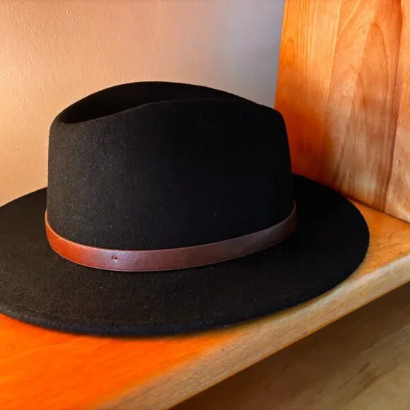 BRIXTON Messer Black 100% Wool Felt Fedora Unisex XL 7 3/4 Hat Size 62 CM NWOT